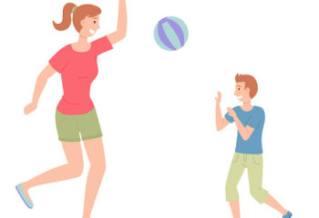 Mom and son play the ball. Woman in shorts, boy in blue T-shirt. Beach volleyball. Family outdoor recreational activities. People actively relax, playing with the ball. Flat cartoon characters
